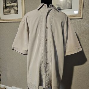 Centro Mens Tan Embroidered Short Sleeve Button‎ Down Shirt Small